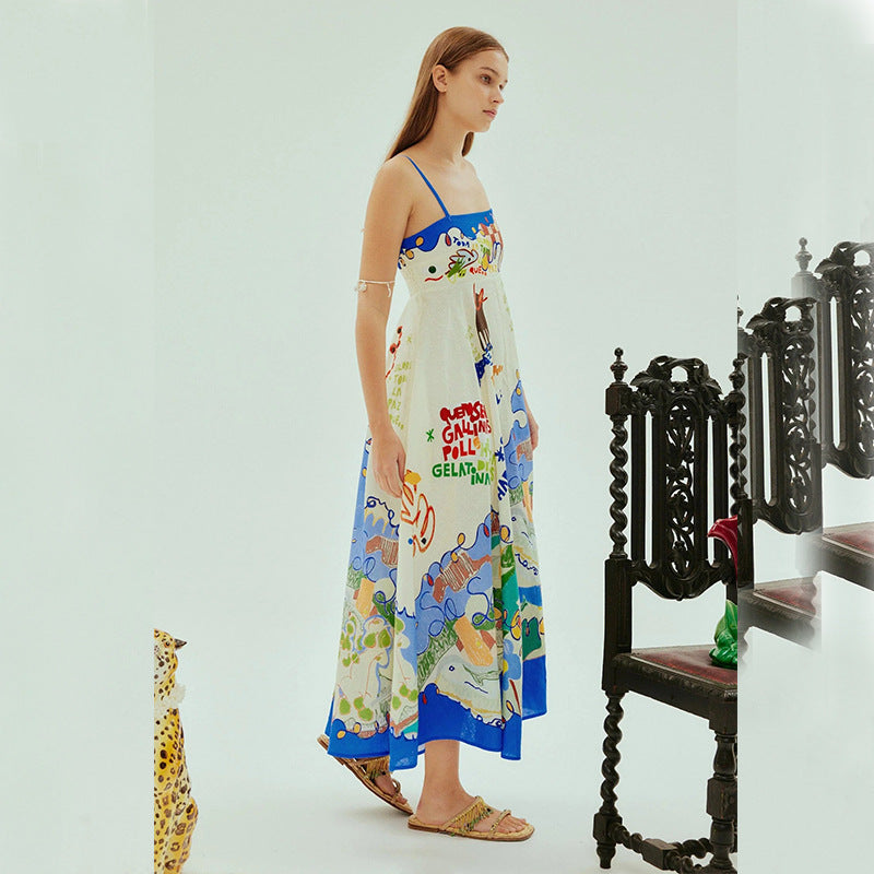 Damen Maxikleid mit buntem grafischen Design und verstellbaren Trägern Sovae