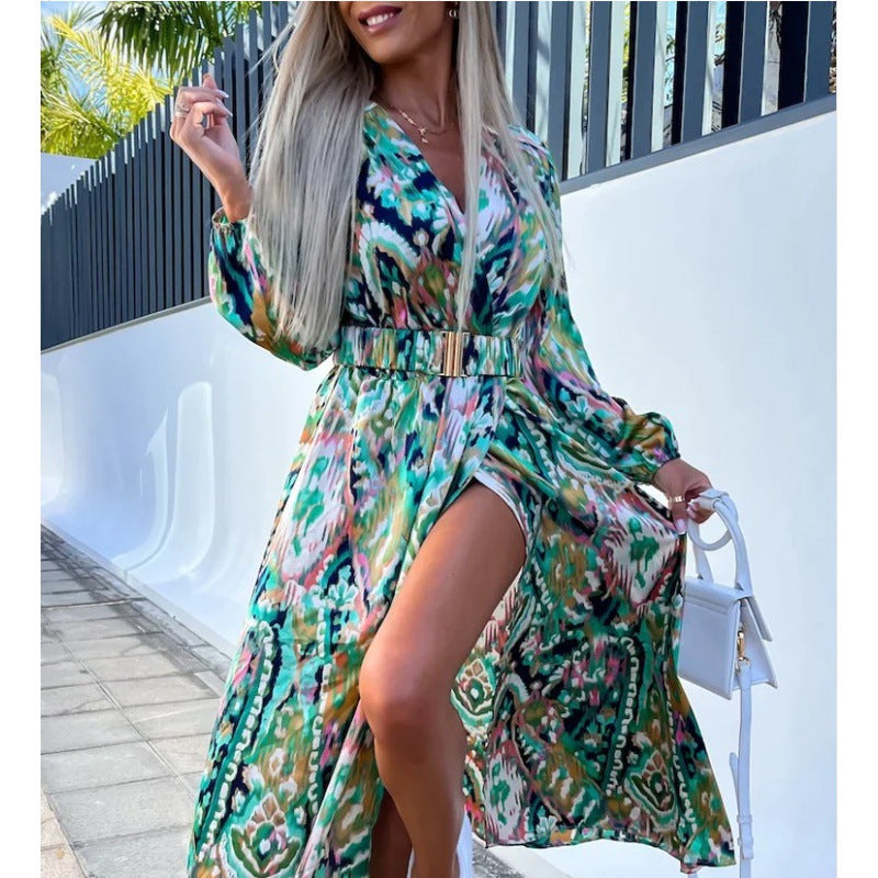 Damen Maxi-Kleid mit tiefem Schlitz und floralem Muster Sovae