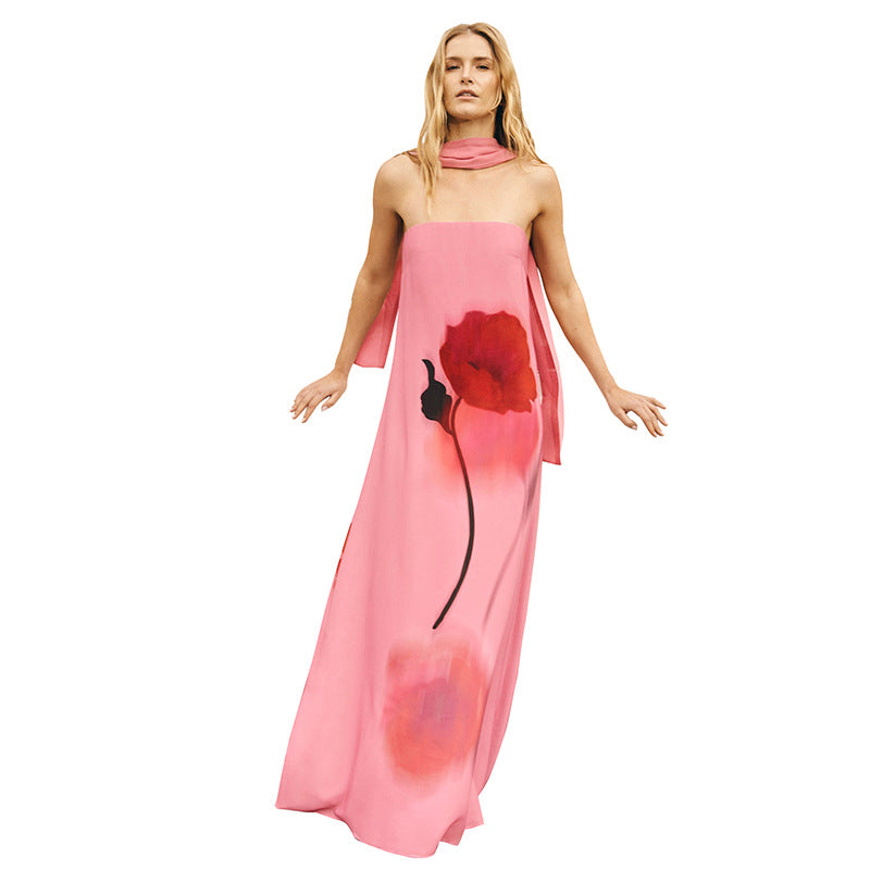 Damen elegantes Maxikleid mit floralem Druck und festlichem Schalkragen Sovae