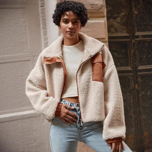 Damen kuschelige Fleecejacke mit elegantem Lederbesatz Sovae