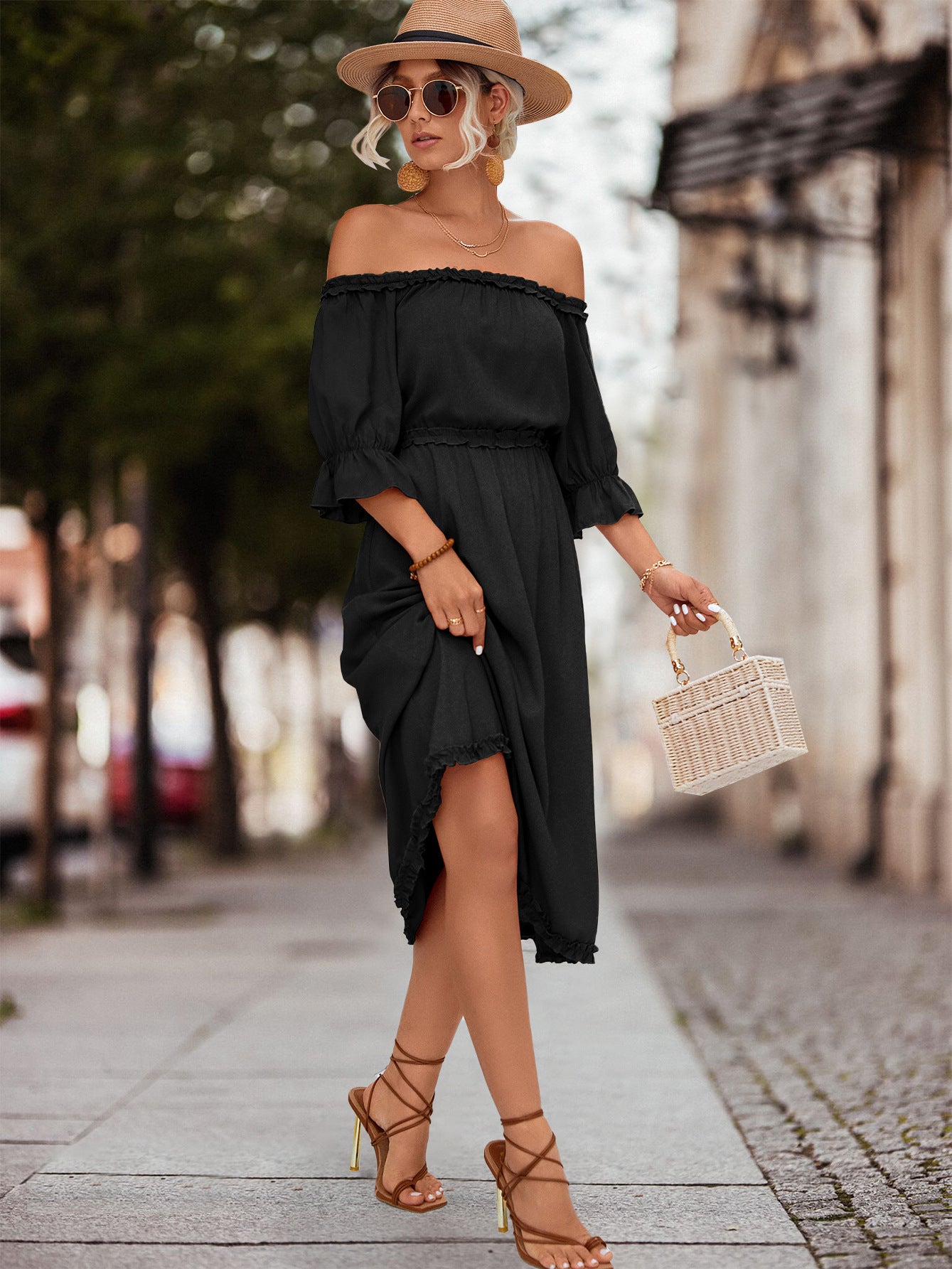 Damen Off-Shoulder Maxikleid mit elastischem Tailleneinsatz und Rüschendetails Sovae