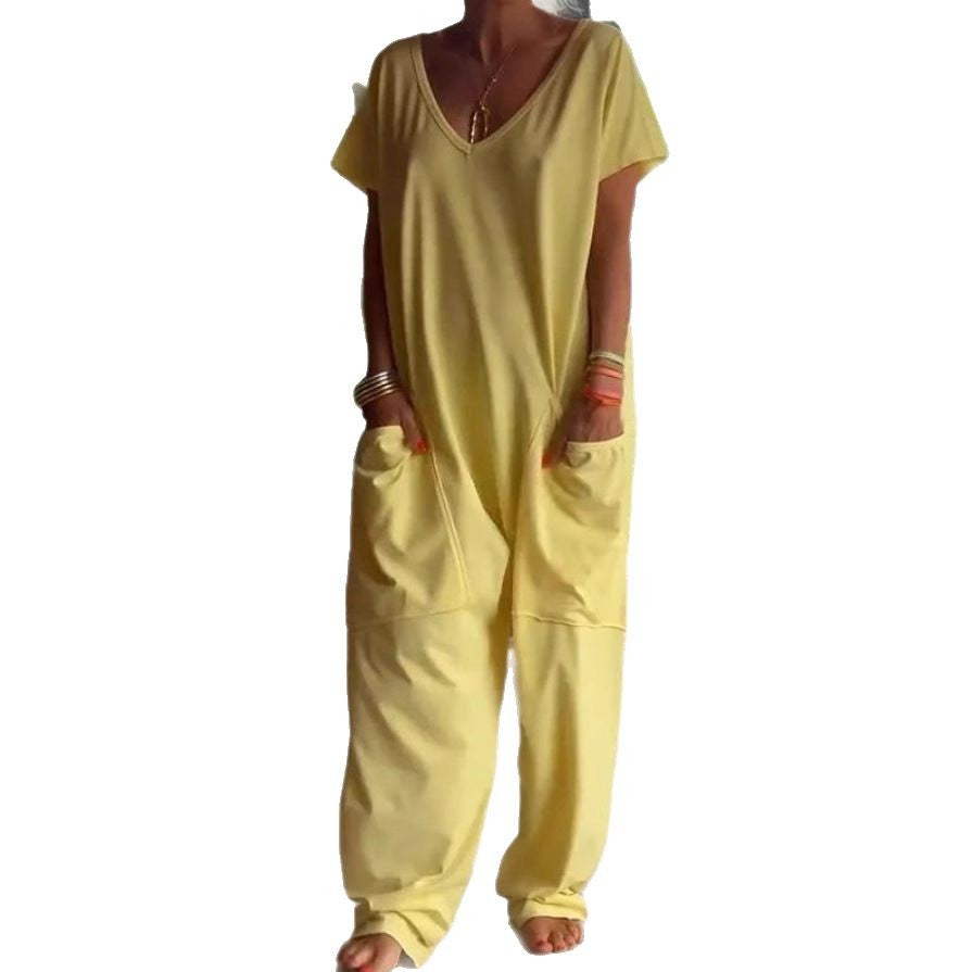 Damen lässiger Jumpsuit mit tiefem V-Ausschnitt und praktischen Taschen Sovae