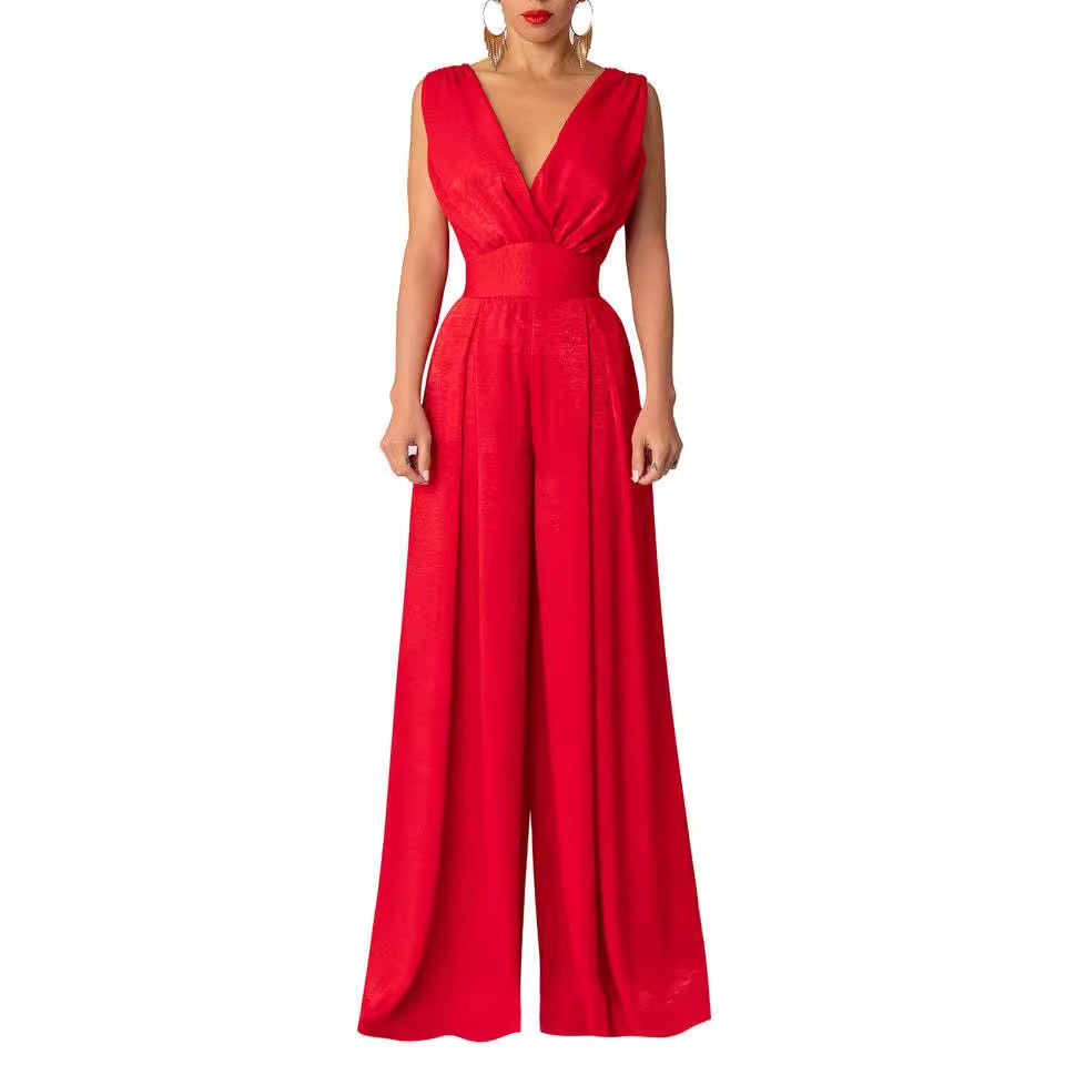 Damen eleganter Jumpsuit mit tiefem V-Ausschnitt und weitem Bein Sovae