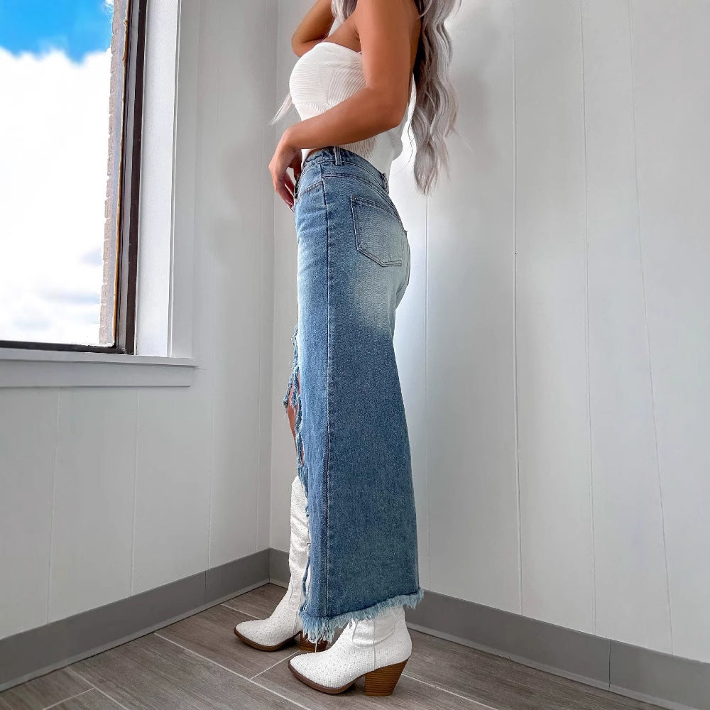 Damen Jeansrock mit asymmetrischem Saum und fransigen Abschlüssen Sovae