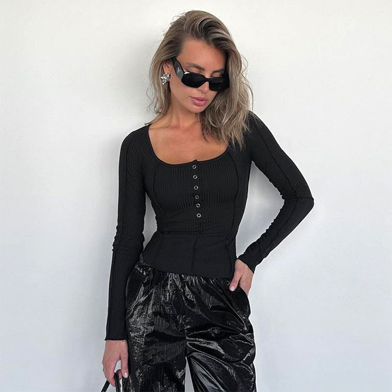 Damen figurbetontes Langarmshirt mit Knopfleiste Sovae