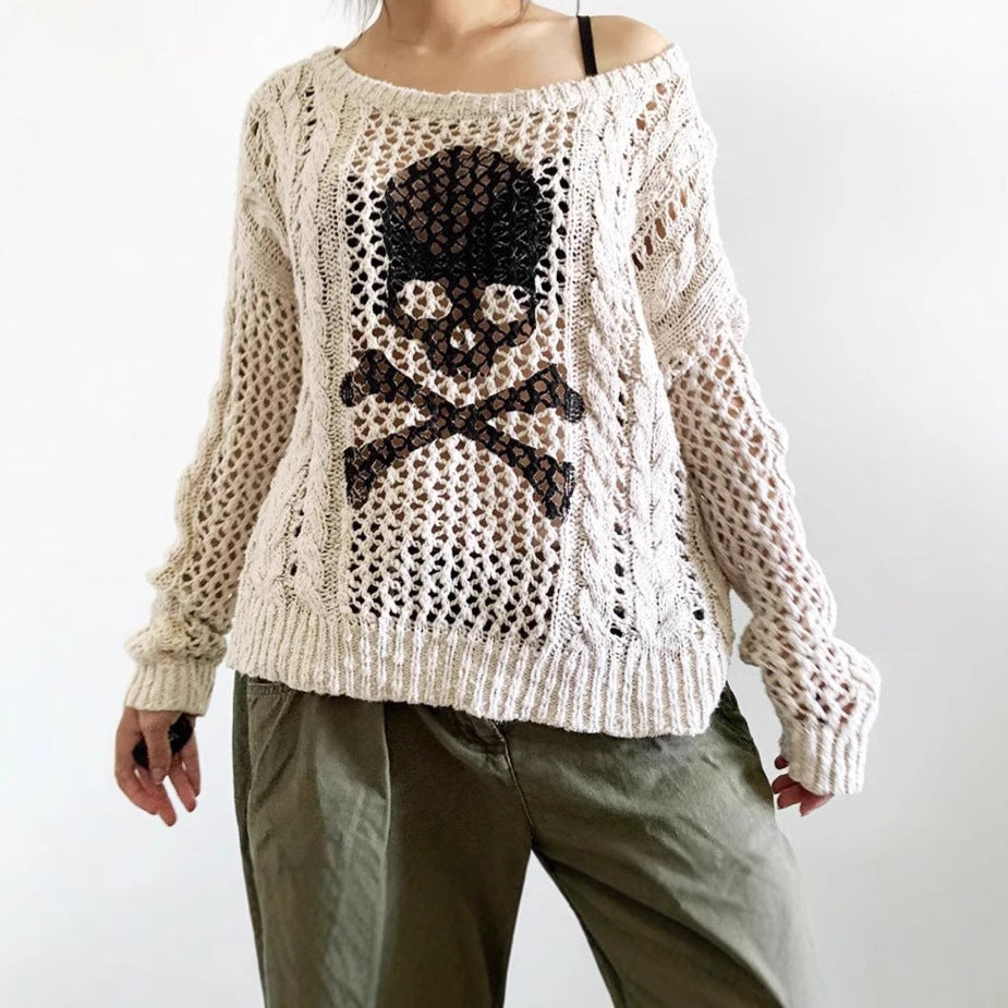 Damen Grob gestrickter Pullover mit Skelett-Motiv Sovae