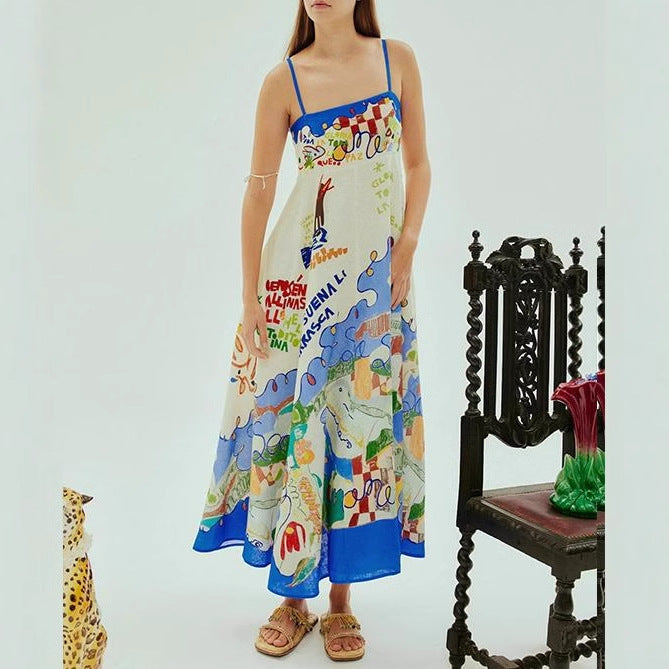 Damen Maxikleid mit buntem grafischen Design und verstellbaren Trägern Sovae