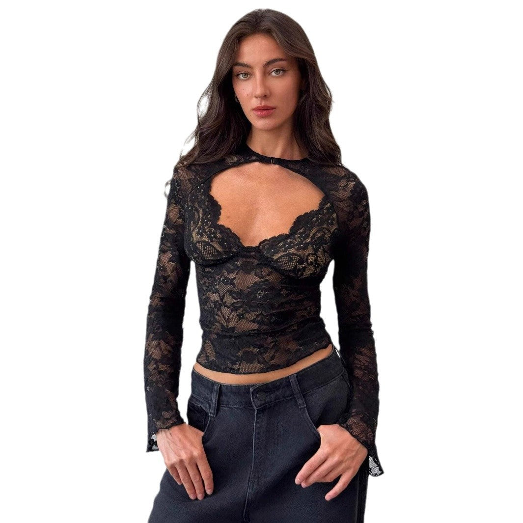 Damen Spitze Longsleeve-Top mit Cut-Out-Design Sovae