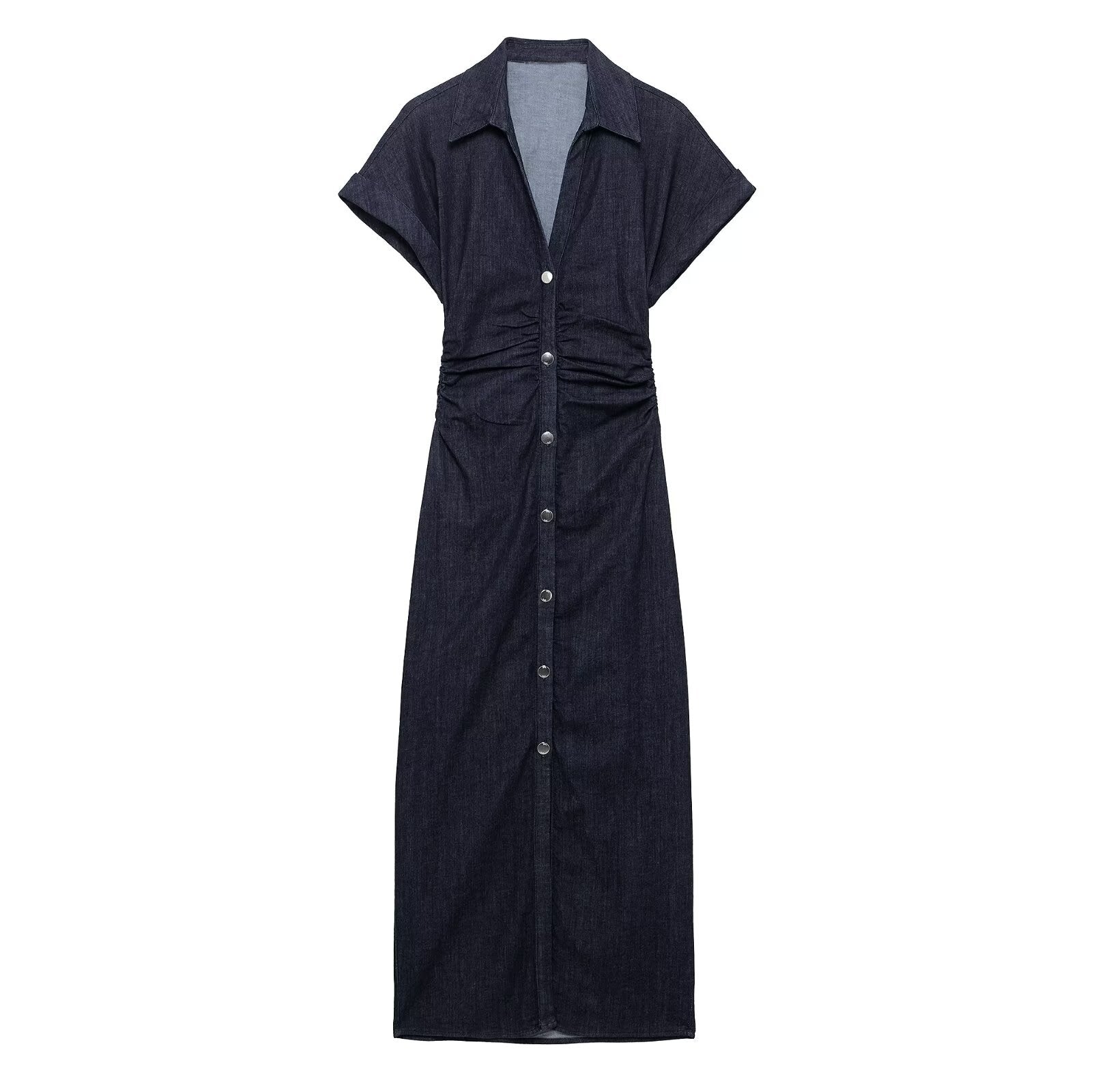 Damen lässiges Midi-Kleid mit Knopfverschluss und Raffung Sovae