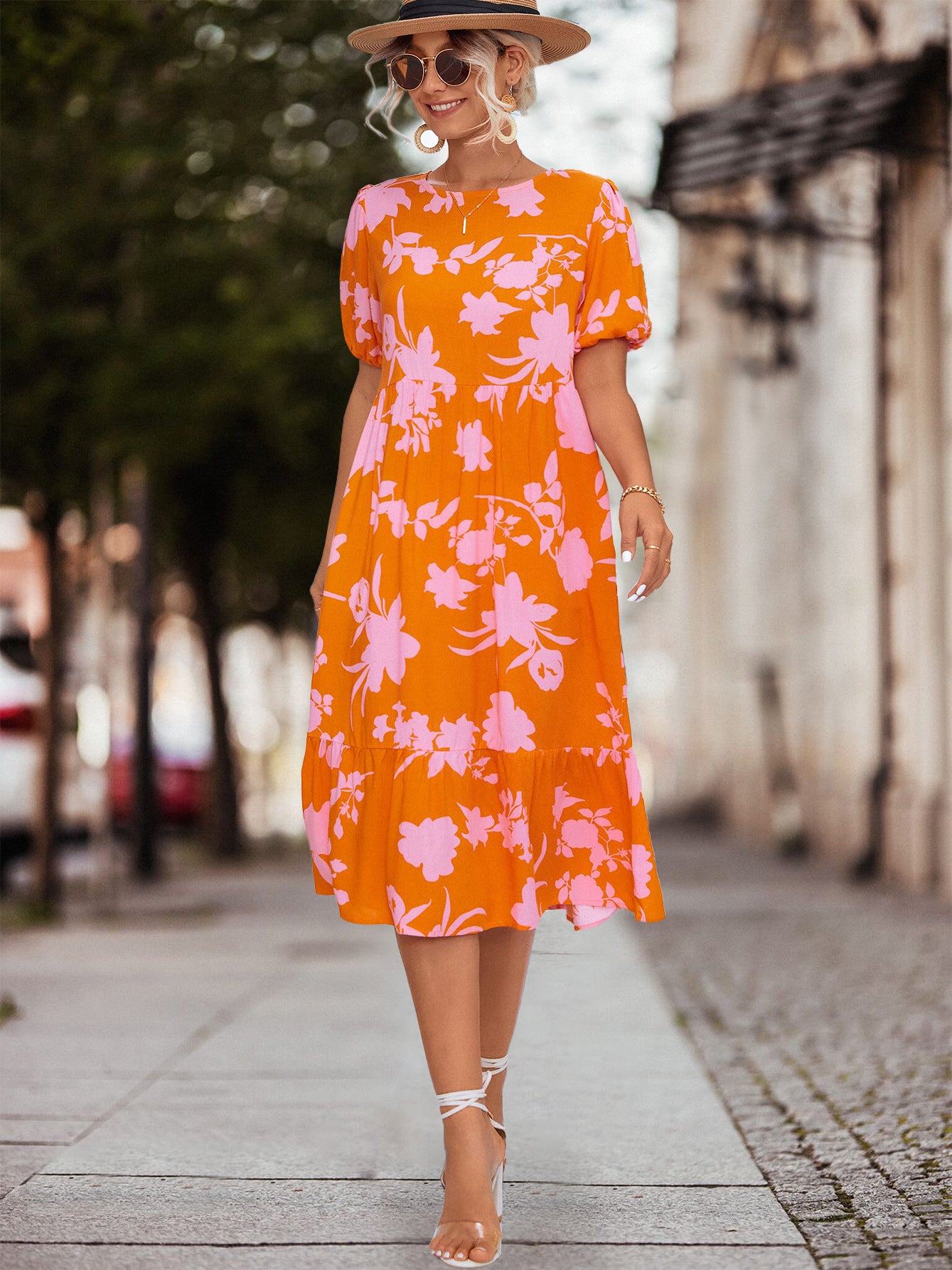 Damen Fließendes Maxikleid mit floralem Design und voluminösen Ärmeln Sovae