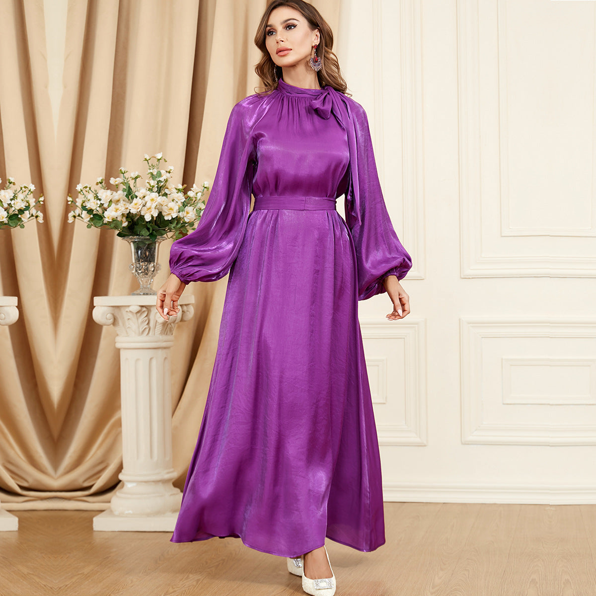 Damen Elegantes, langes Satin-Maxikleid mit Volantärmeln Sovae