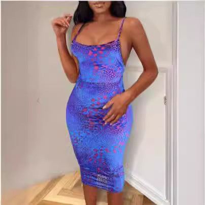 Damen figurbetontes Midi-Kleid mit Spaghetti-Trägern und buntem Muster Sovae