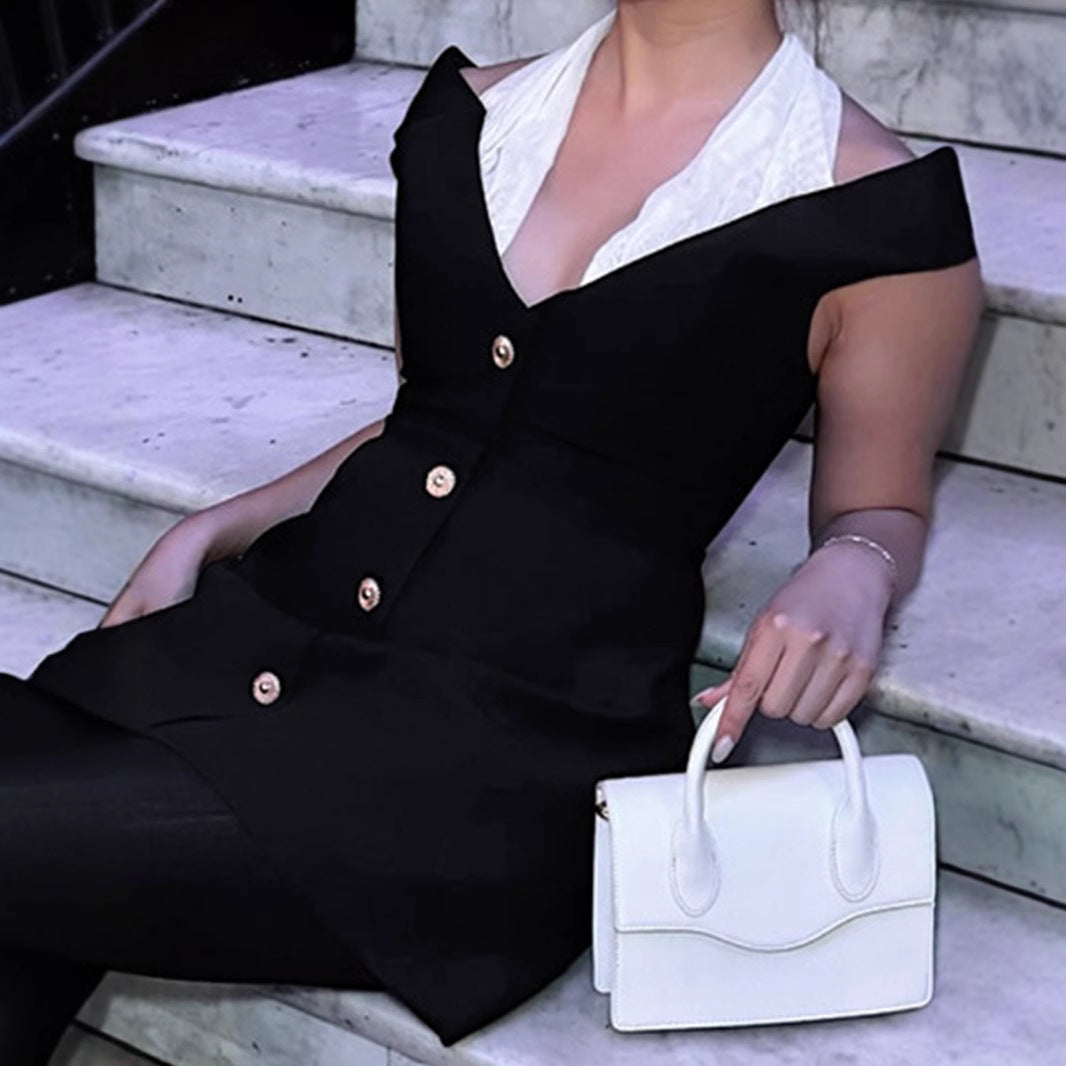 Damen Off-Shoulder Minikleid mit elegantem V-Ausschnitt und goldenen Knöpfen Sovae