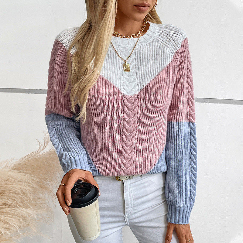 Damen modischer Strickpullover mit geometrischem Muster und Zopfrippen Sovae
