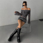 Damen Off-Shoulder Bluse mit Leopardenmuster Sovae