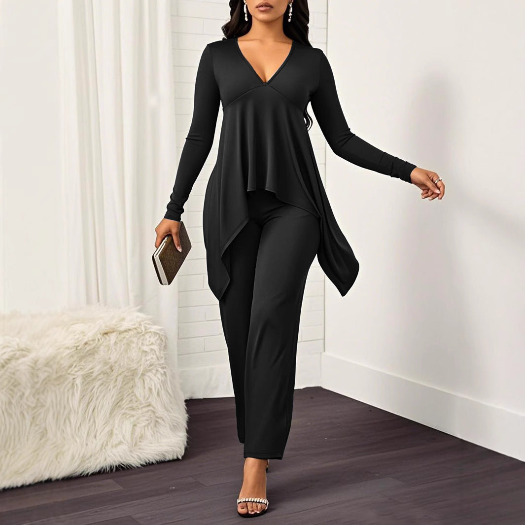 Damen elegantes Jumpsuit mit fließendem Oberteil und V-Ausschnitt Sovae