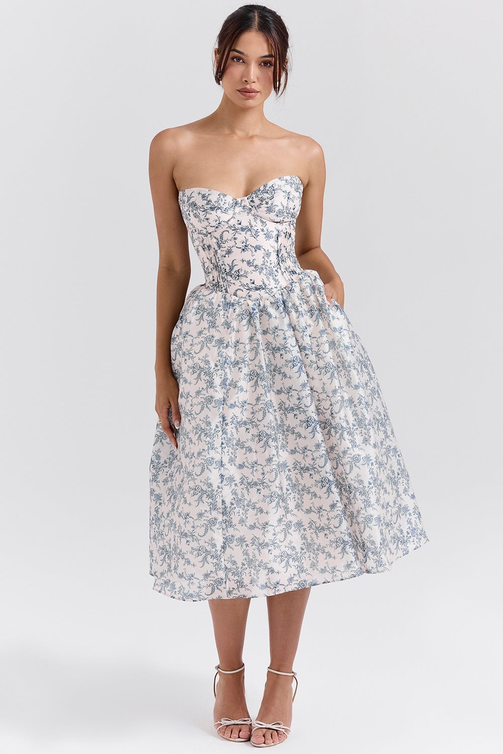 Damen elegantes Midikleid mit herzförmigem Ausschnitt und floralem Muster Sovae
