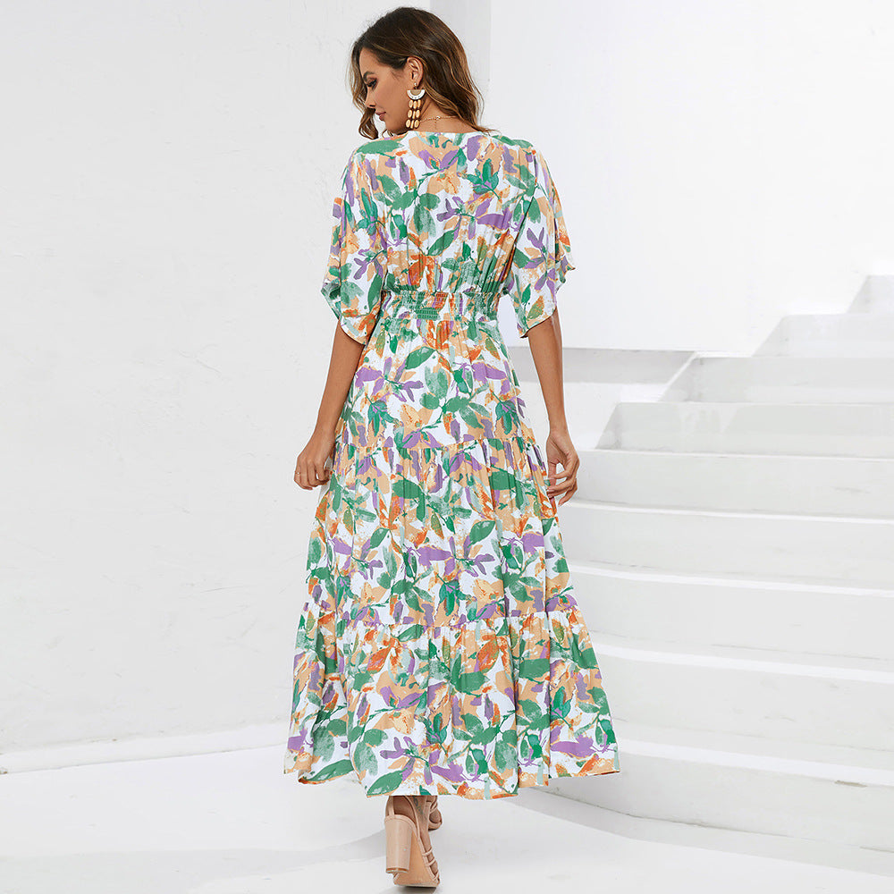 Damen Maxikleid mit detailreichem floralem Design und V-Ausschnitt Sovae