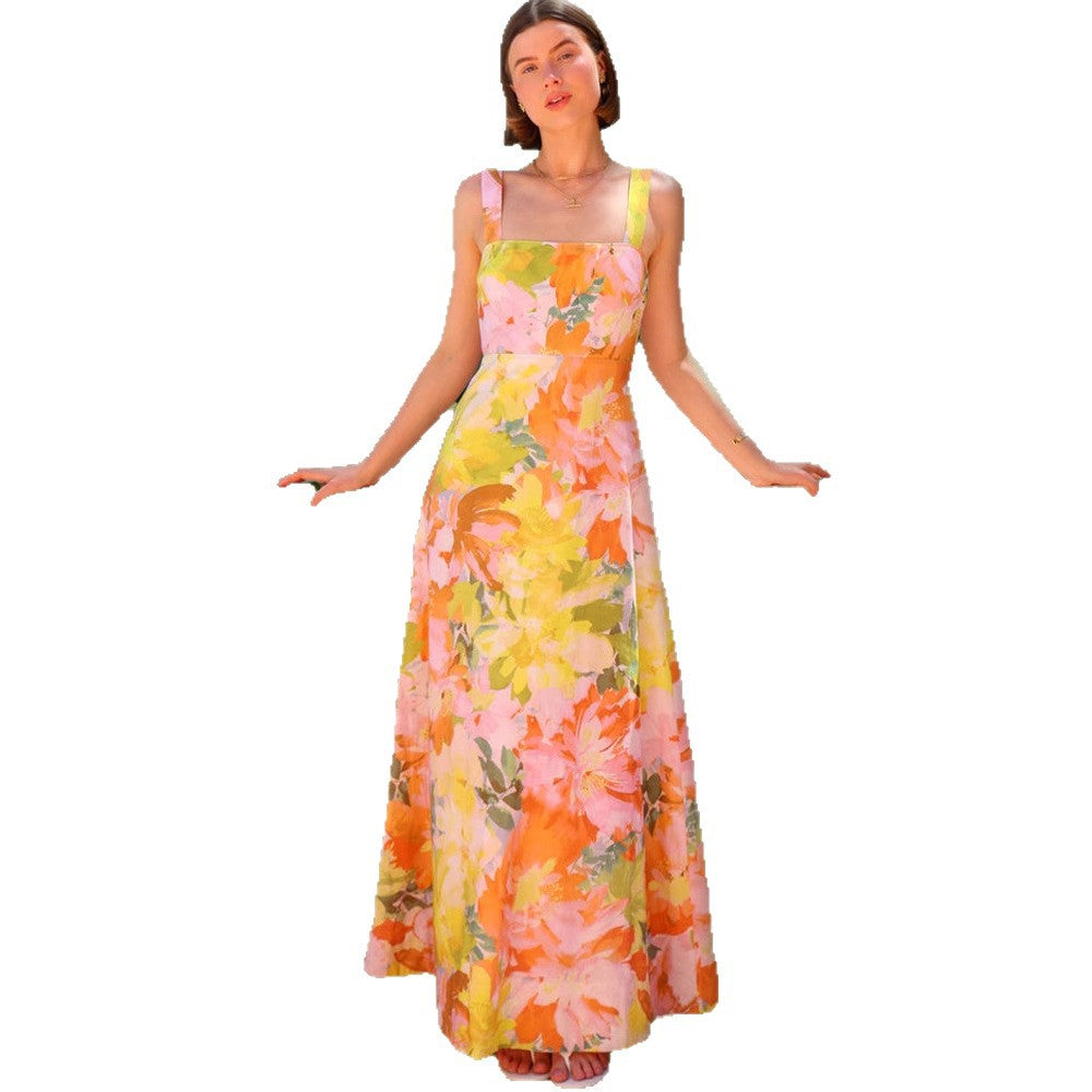 Damen florales Maxikleid mit quadratischem Ausschnitt und breiten Trägern Sovae