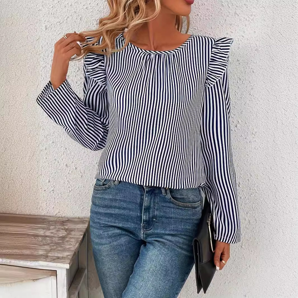 Damen Bluse mit Rüschen und gestreiftem Design Sovae