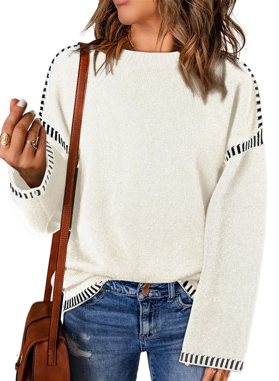 Damen lässiger Strickpullover mit kontrastierenden Bündchen und lässigem Schnitt Sovae