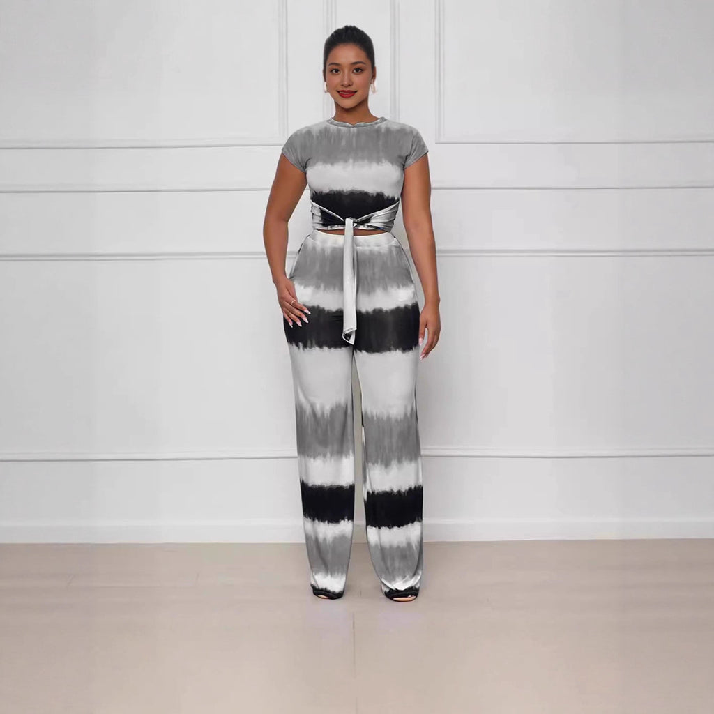 Damen Taillierter Jumpsuit mit Bindegürtel und modernen Farbverlauf Sovae