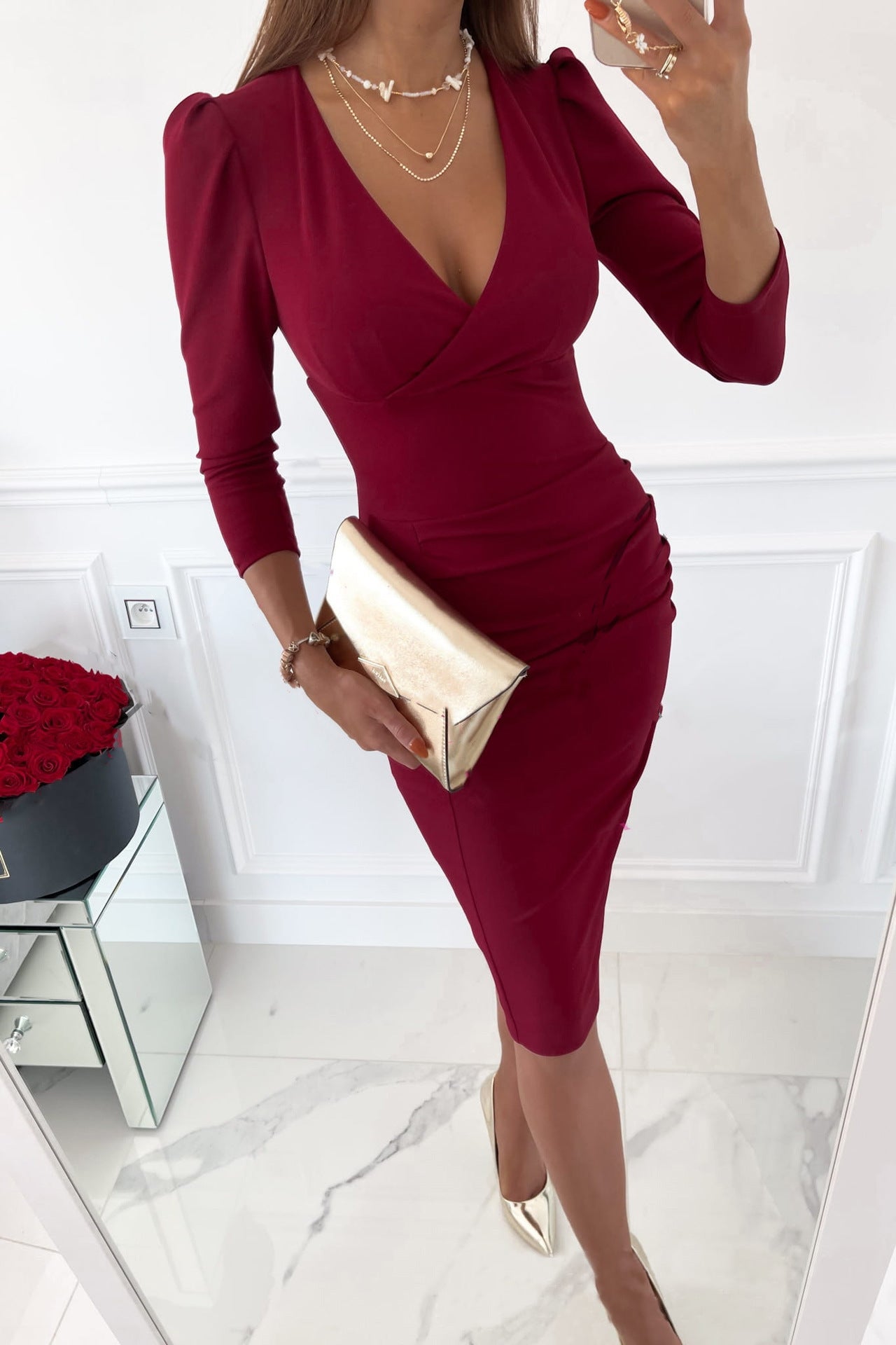 Damen Wickel-Minikleid mit modischen Puffärmeln und taillierter Silhouette Sovae