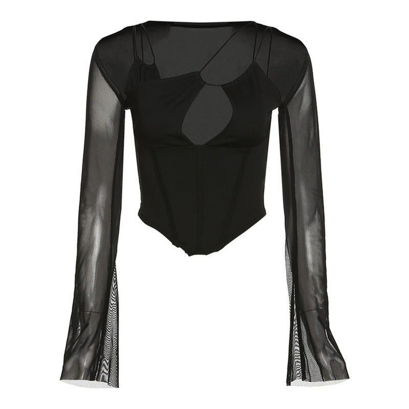Damen Eleganter langärmliger Bodysuit mit tiefem Ausschnitt und verspieltem Trägerdesign Sovae