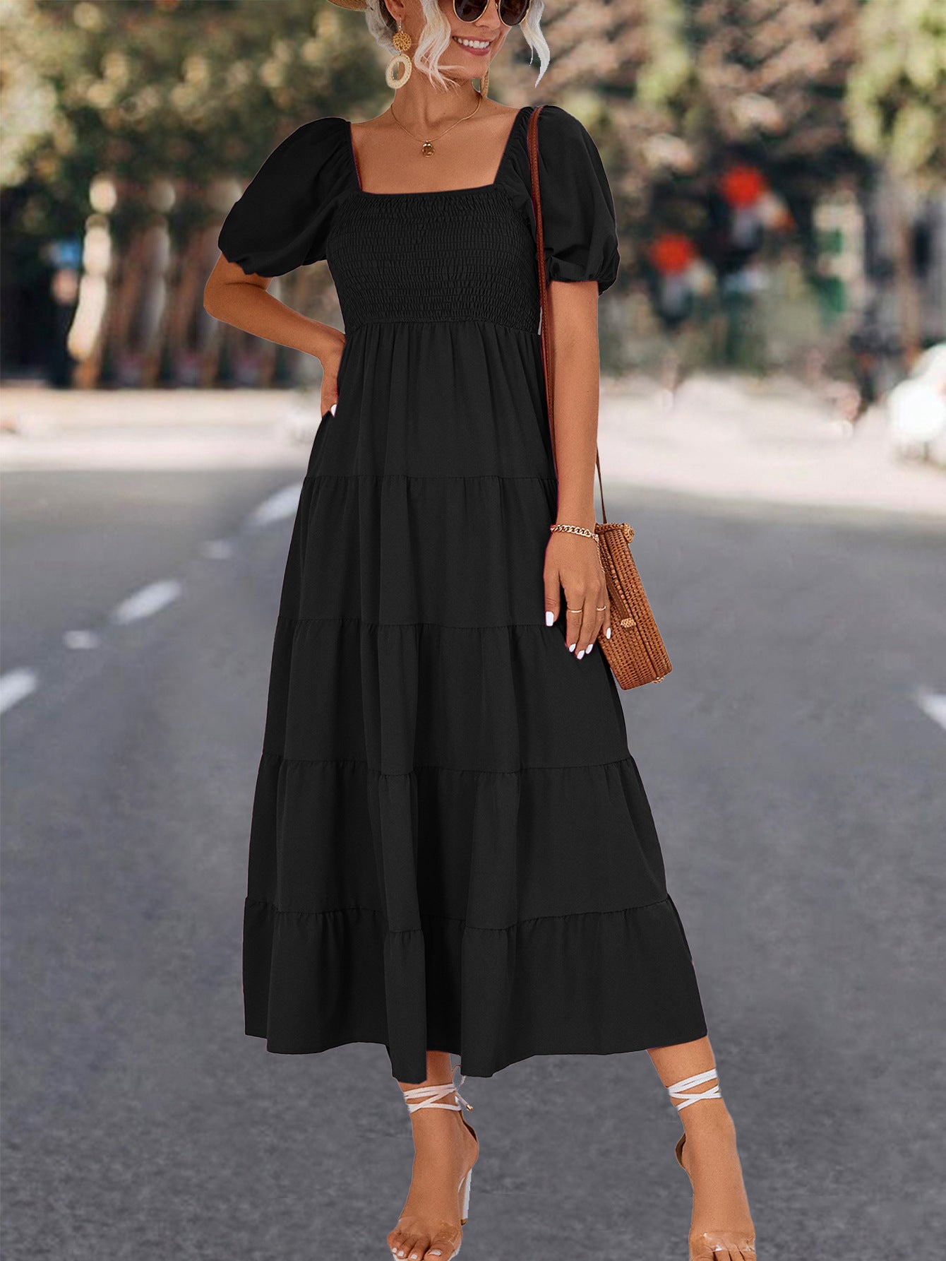 Damen Midi-Kleid mit elastischer Taillierung und voluminösen Puffärmeln Sovae