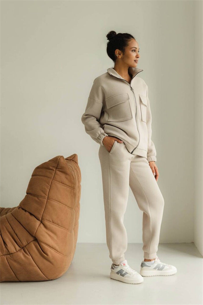 Damen sportlicher Fleece-Kapuzenpullover mit Reißverschluss und praktischen Taschen Sovae