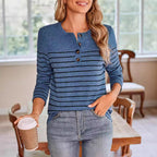 Damen Langarmshirt mit modischem Knopfverschluss und feinen Streifen Sovae
