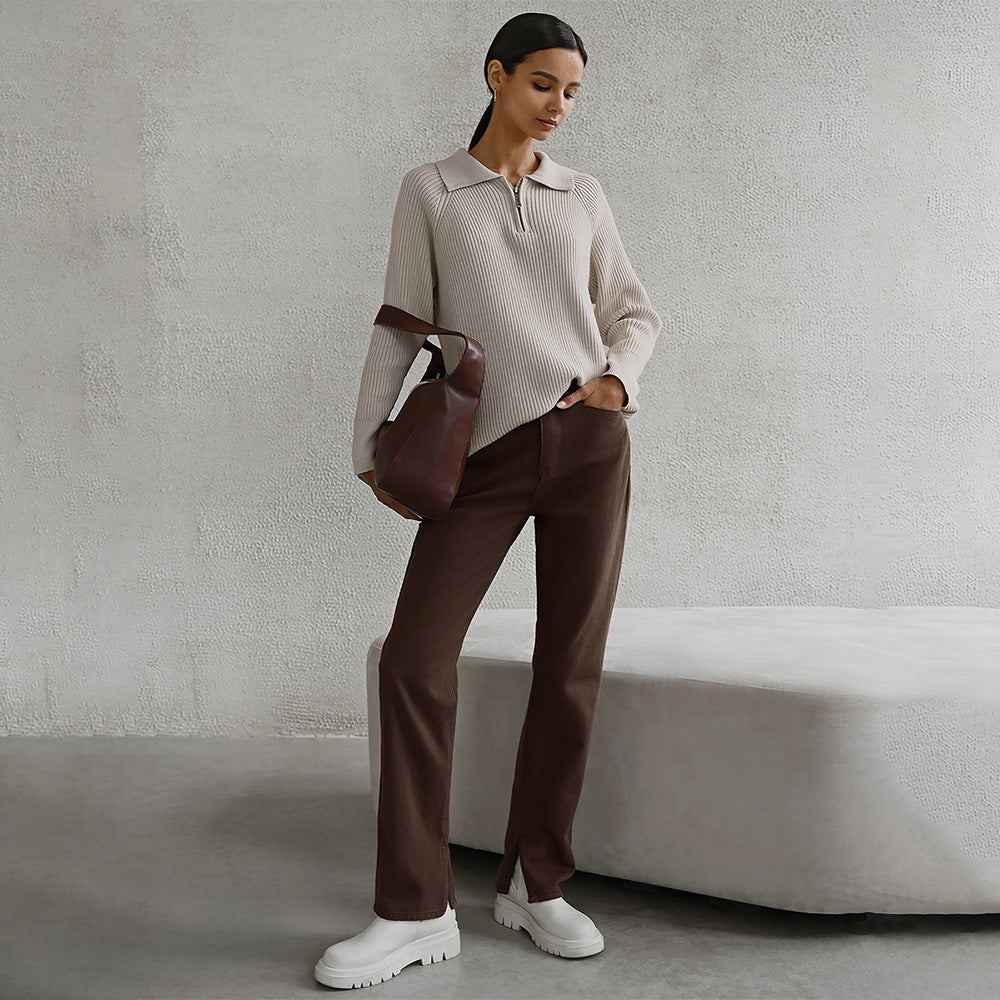 Damen Gemütlicher Feinstrickpullover mit Kängurutasche und Kragen Sovae