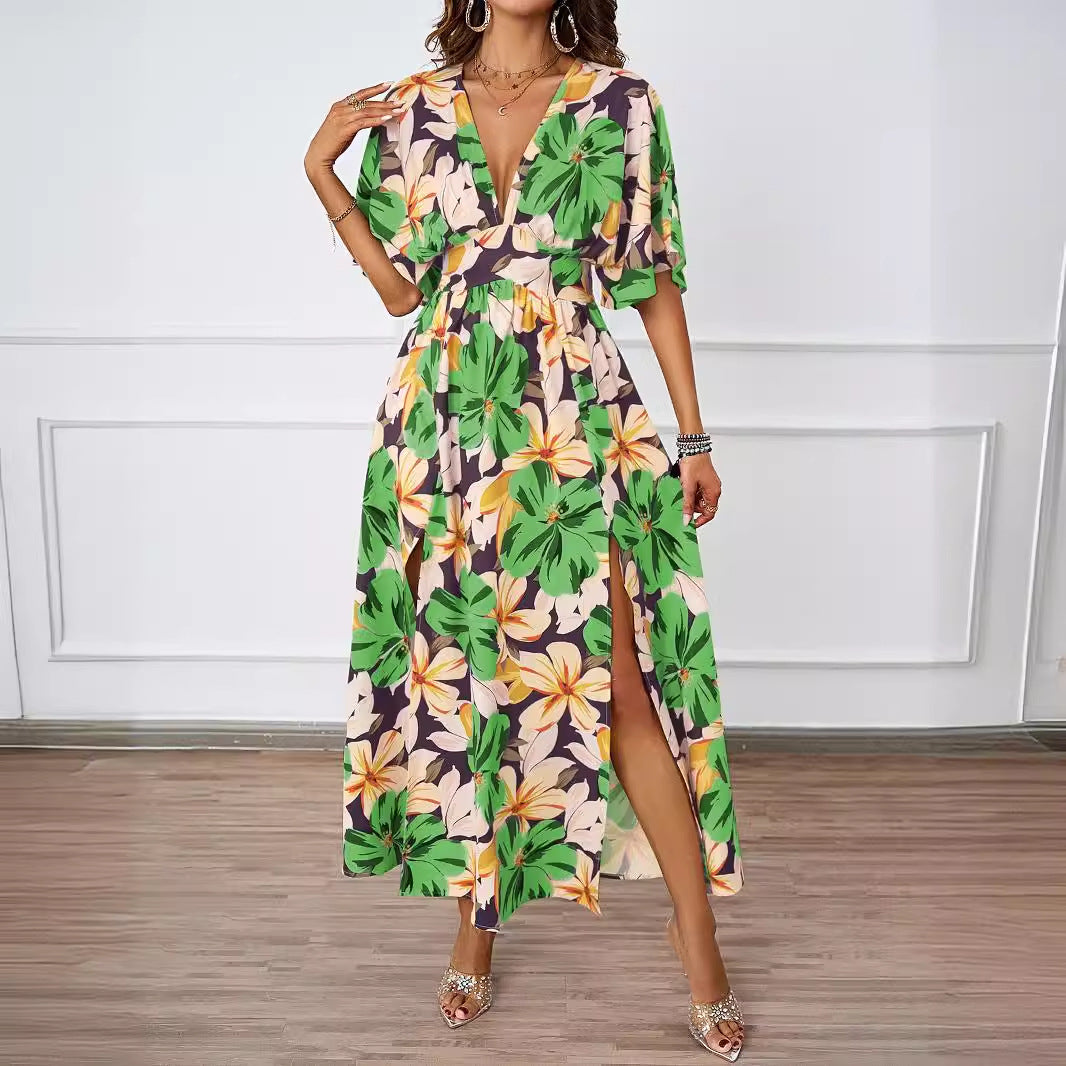 Damen florales Maxikleid mit tiefem V-Ausschnitt und Seitenschlitzen Sovae
