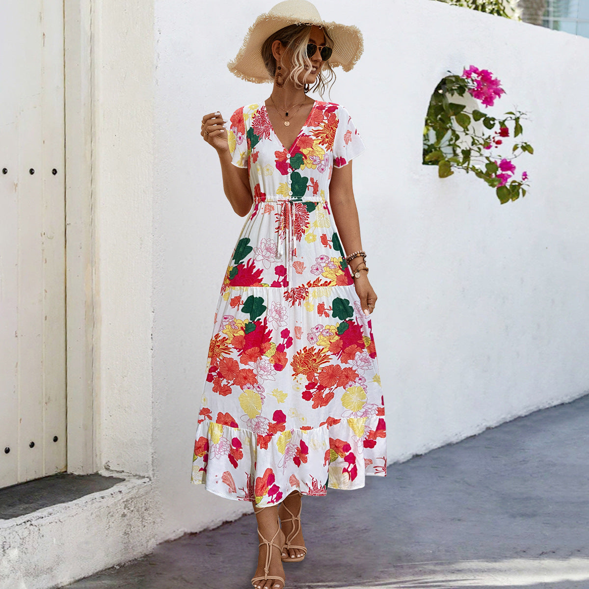 Damen Sommerliches Maxikleid mit floralen Akzenten und fließendem Rock Sovae