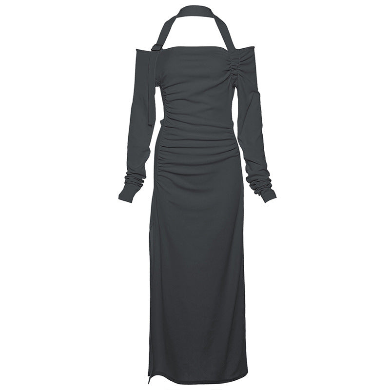 Damen Elegantes Maxikleid mit asymmetrischem Schulterdesign und raffinierten Rüschendetails Sovae