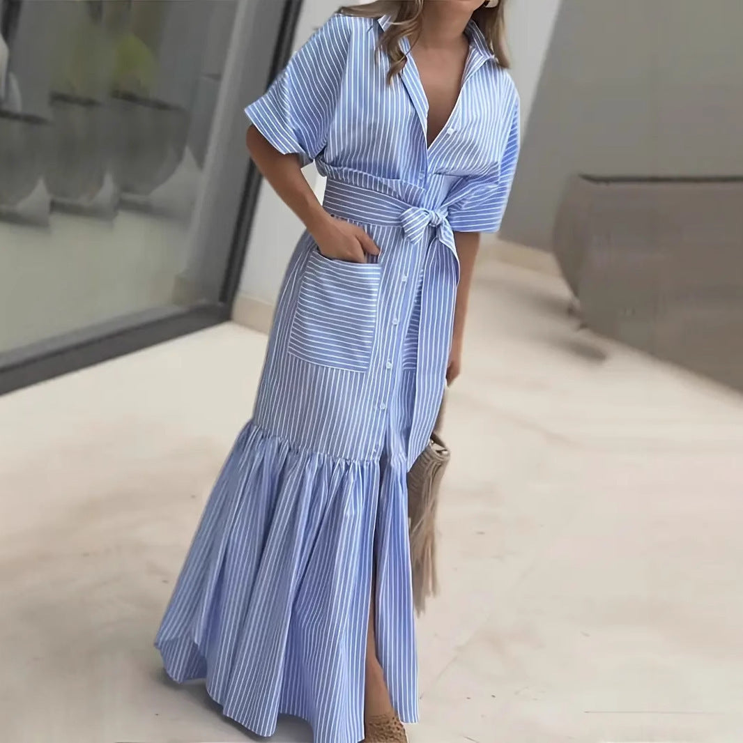 Damen Maxikleid mit Bindegürtel und Streifenmuster Sovae