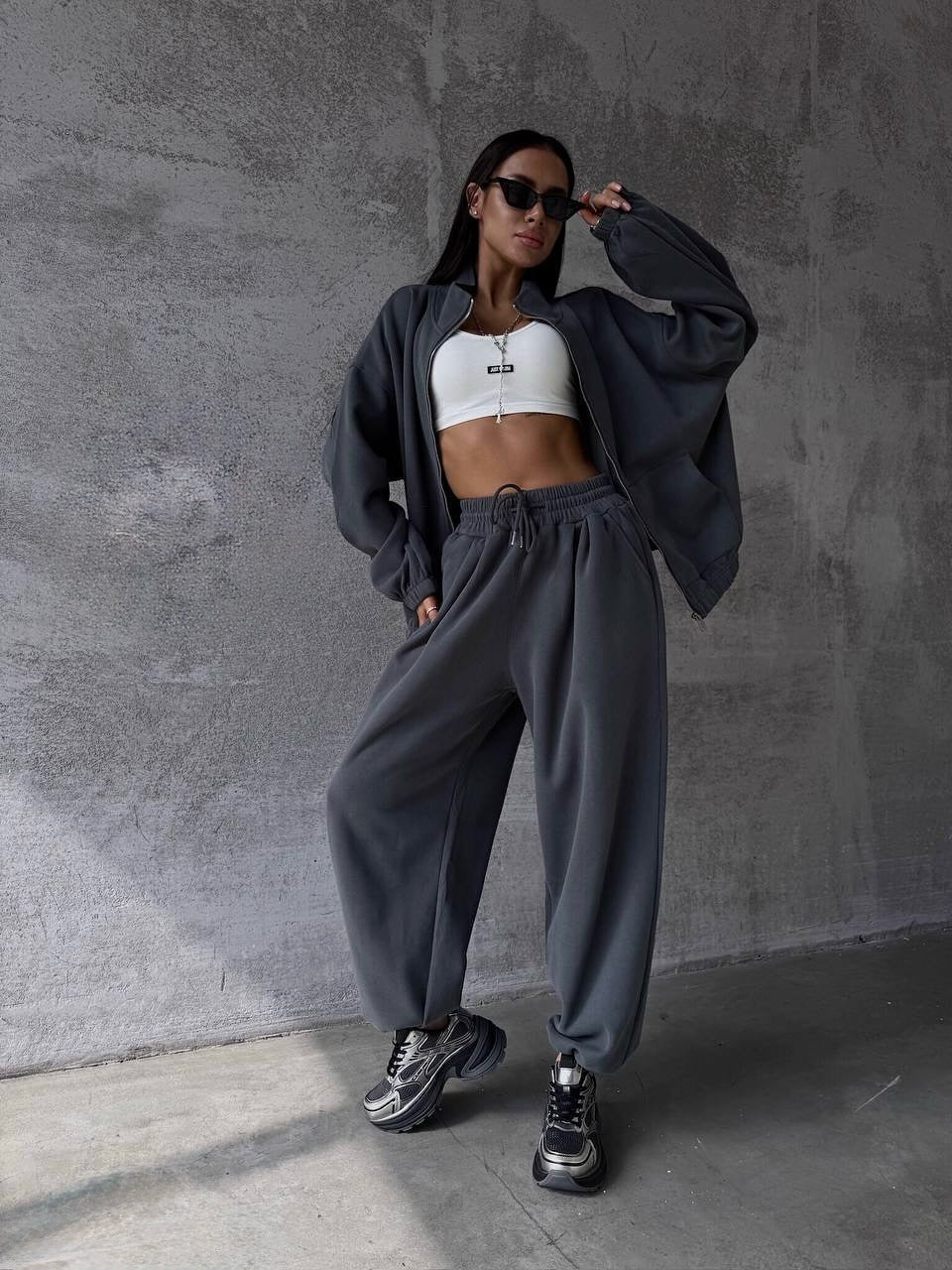 Damen Oversized lässiger Sportanzug mit Reißverschluss und elastischer Taille Sovae