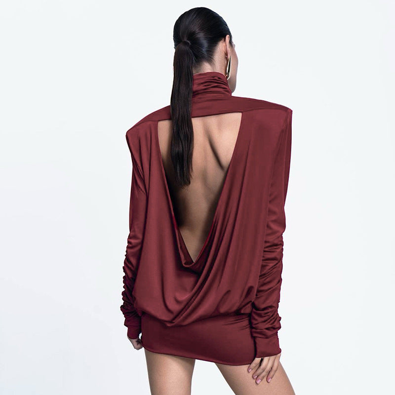 Damen stylisches Oversized-Oberteil mit hohem Kragen und Raffung Sovae