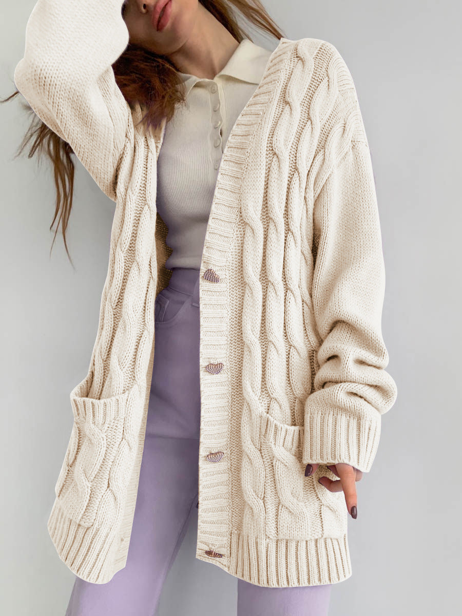 Damen Grobstrick-Cardigan mit herzförmigen Knöpfen und seitlichen Taschen Sovae