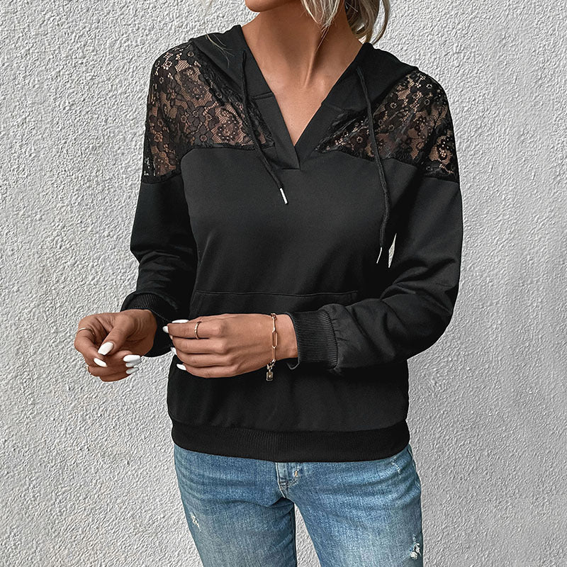 Damen Kapuzenpullover mit Spitzenbesatz und Kängurutasche Sovae