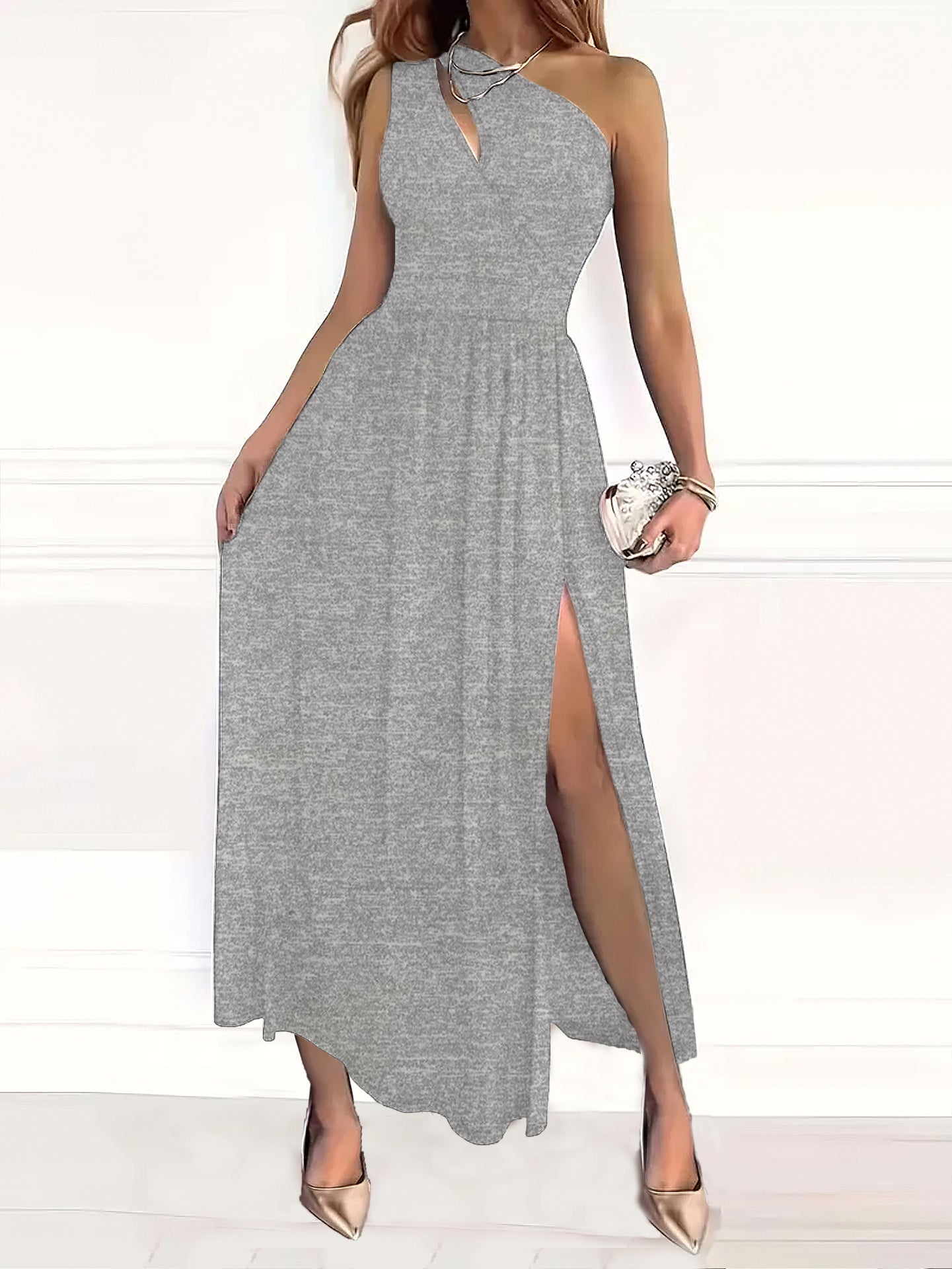 Damen Elegantes Maxikleid mit Ein-Schulter-Design und transparentem Beinschlitz Sovae