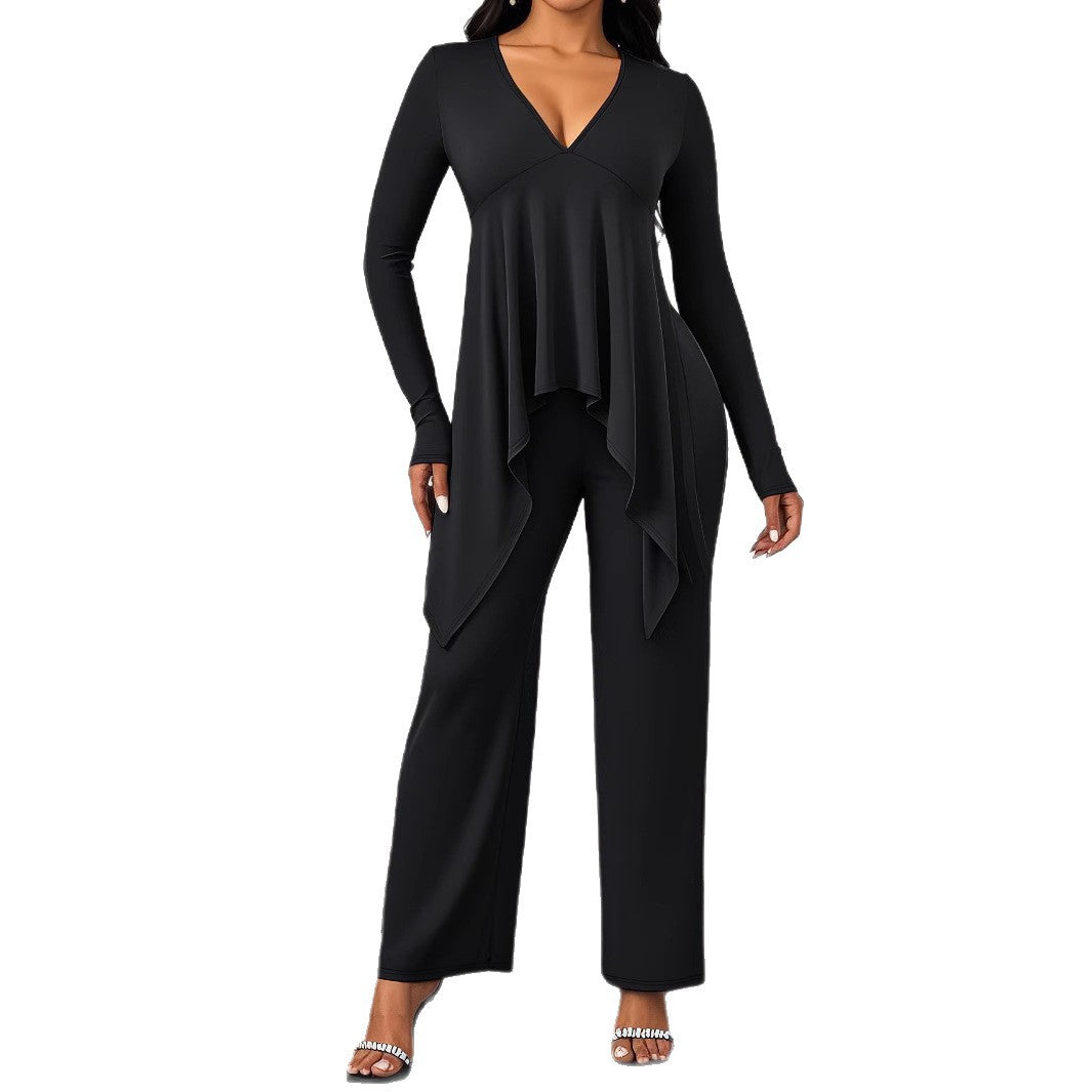 Damen elegantes Jumpsuit mit fließendem Oberteil und V-Ausschnitt Sovae