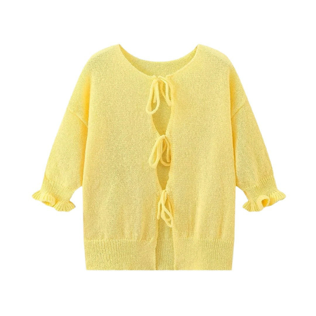 Damen lässiger Strickcardigan mit raffinierten Bindebändern und weiten Ärmeln Sovae