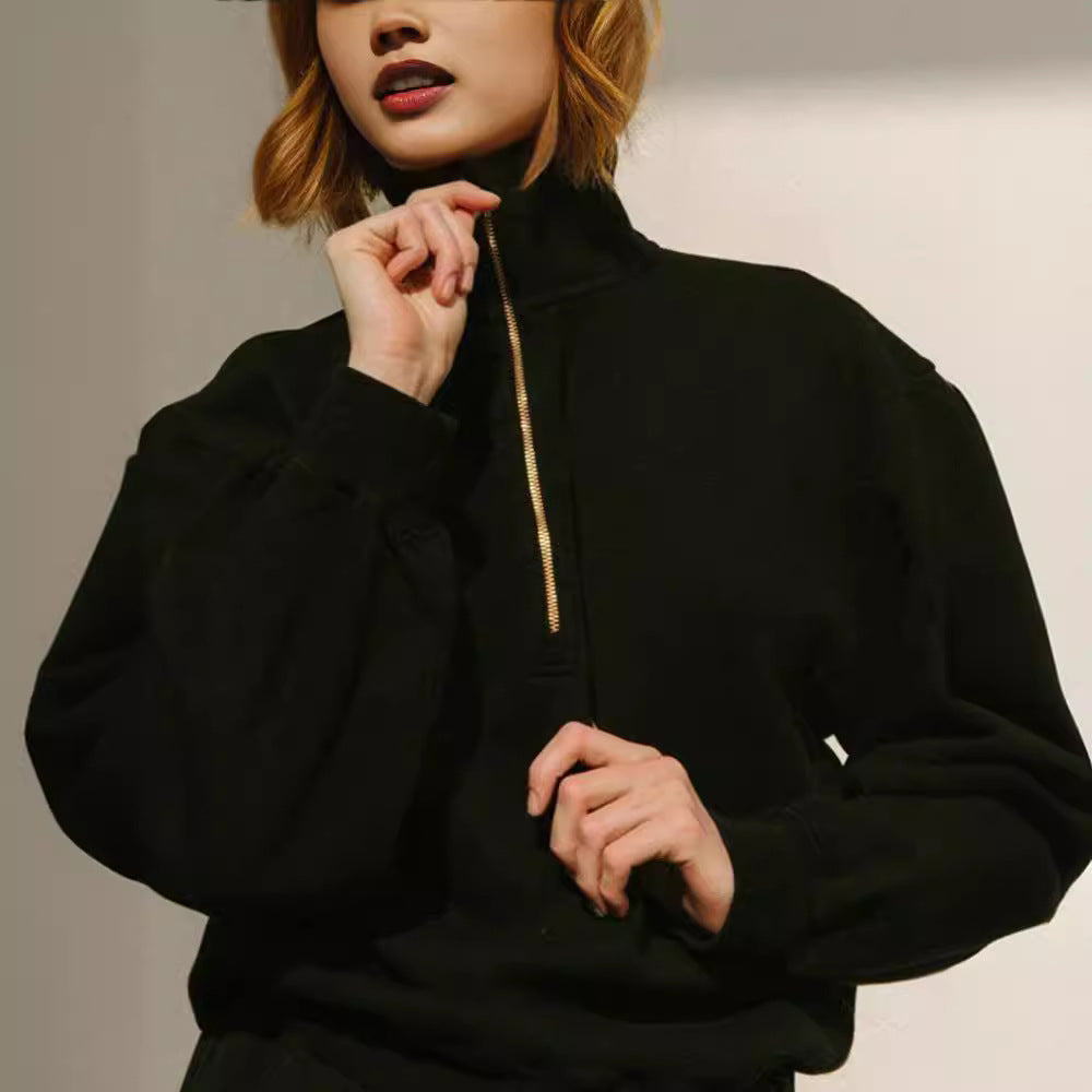 Damen lässiger Zip-Pullover mit hohem Kragen und weitem Schnitt Sovae