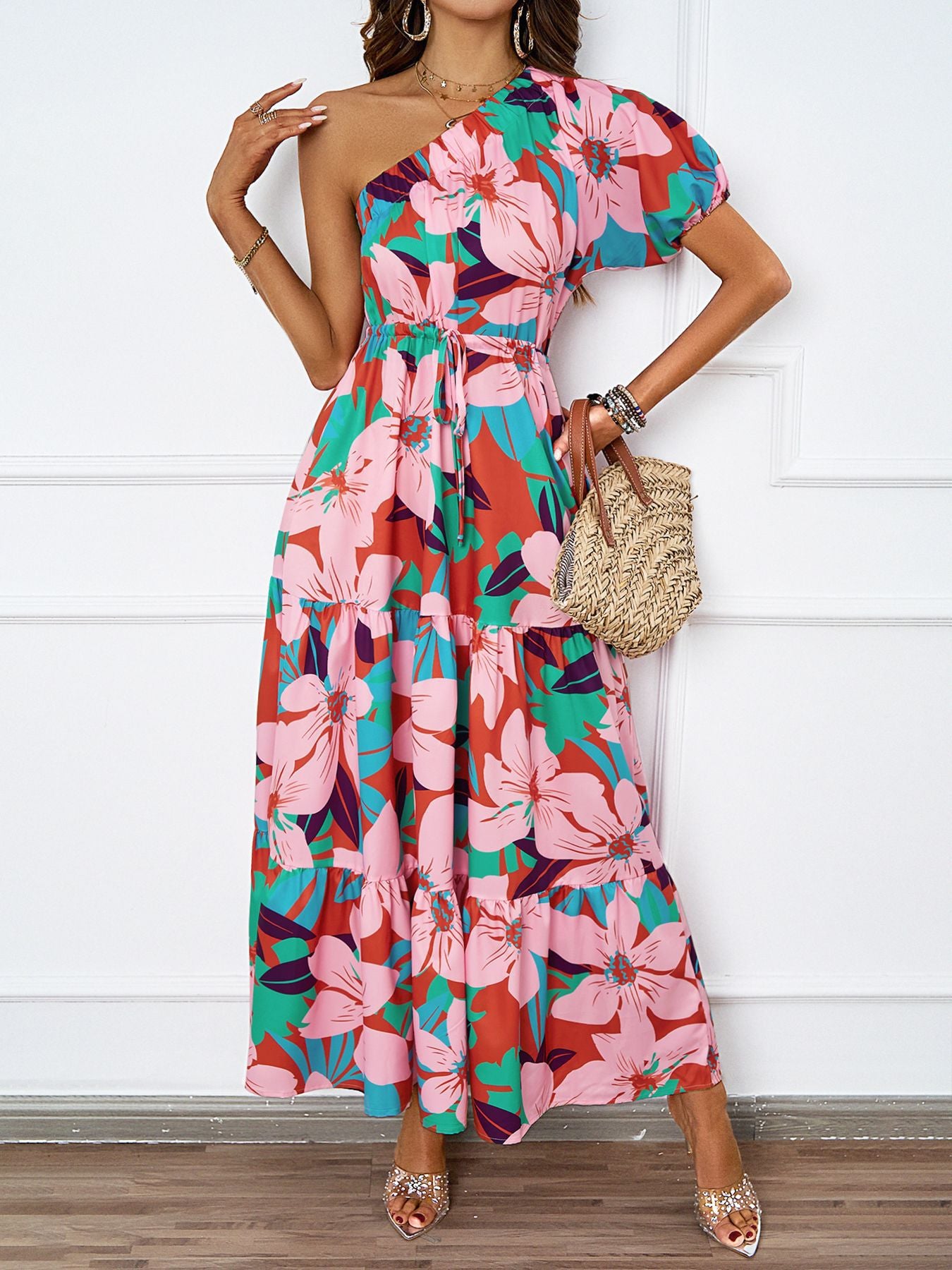 Damen Maxikleid mit asymmetrischem Träger und Rüschendetails Sovae
