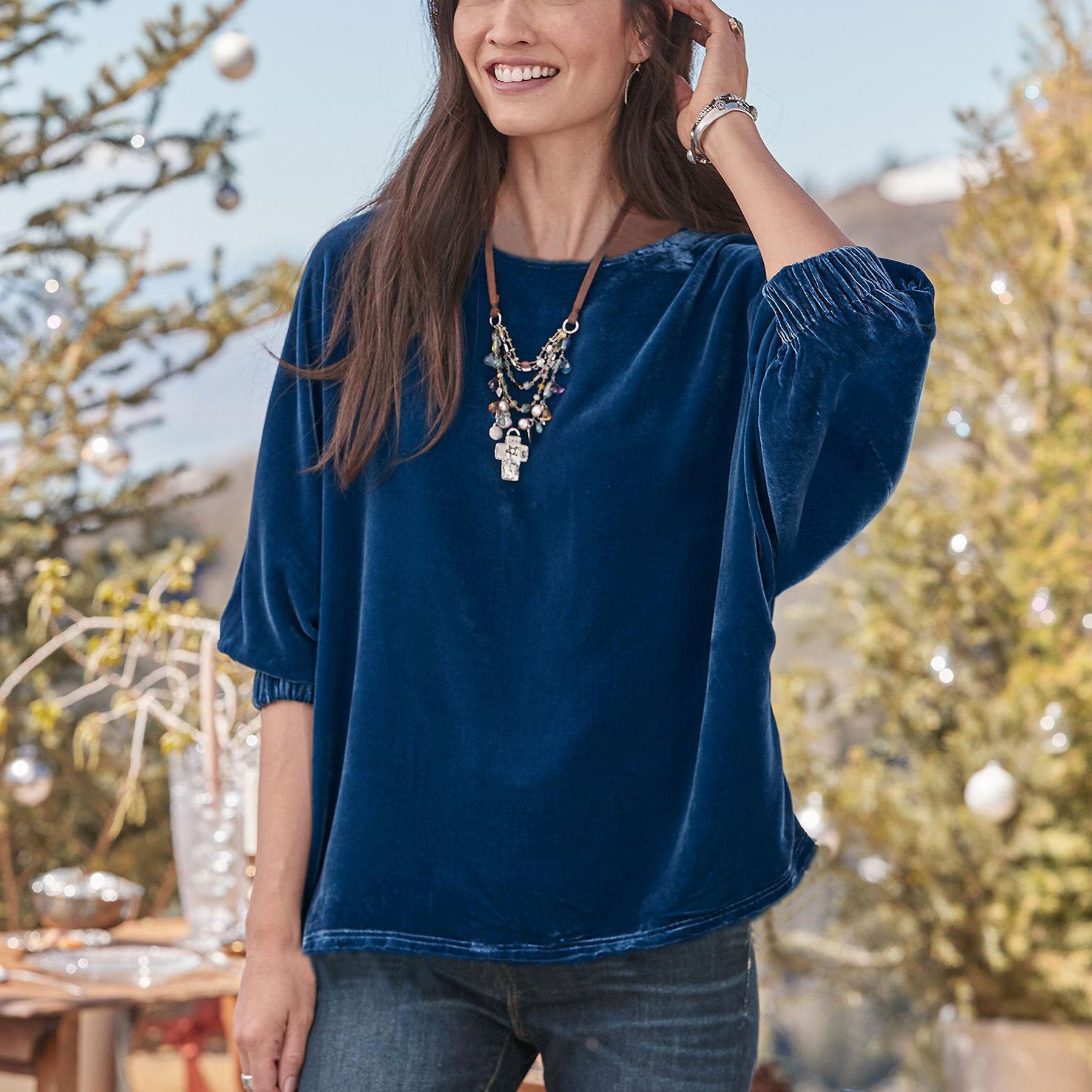 Damen Veloursbluse mit elastischen Ärmeln Sovae