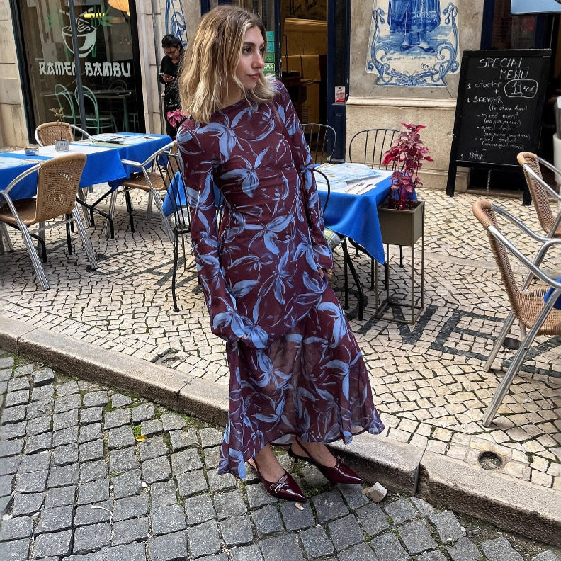 Dame Langärmliges Maxikleid mit Blumenmuster und elegantem U-Ausschnitt Sovae