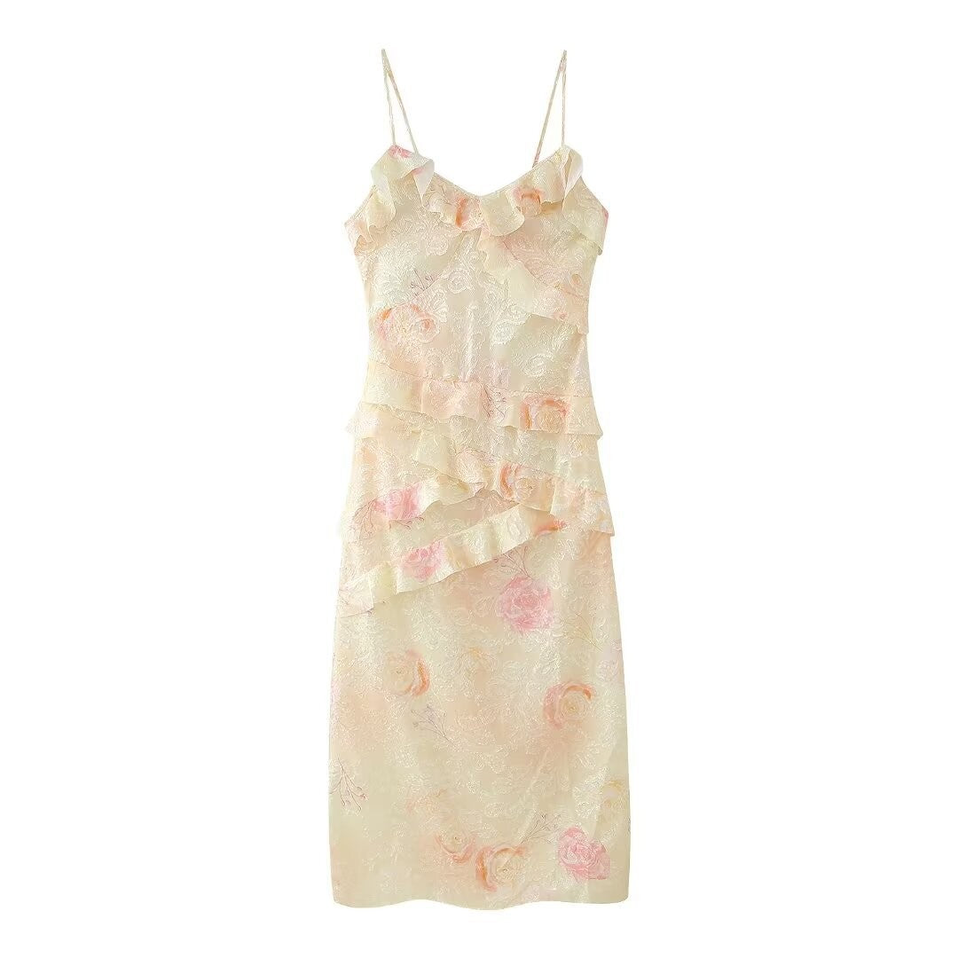 Damen Maxikleid mit voluminösen Rüschen und floralem Design Sovae