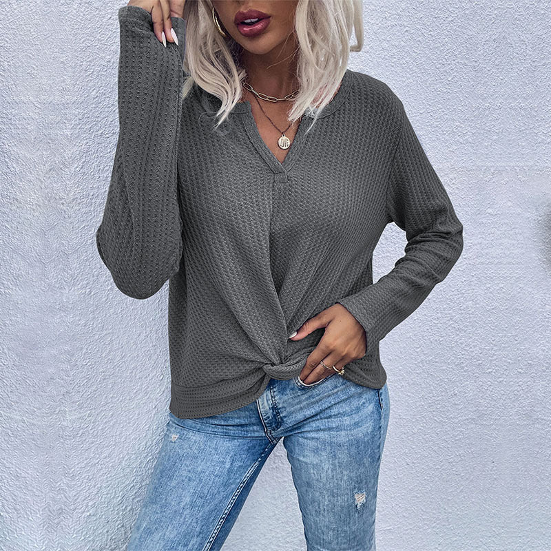 Damen lässiger V-Ausschnitt Pullover mit Knopfdetails und Knotendesign Sovae