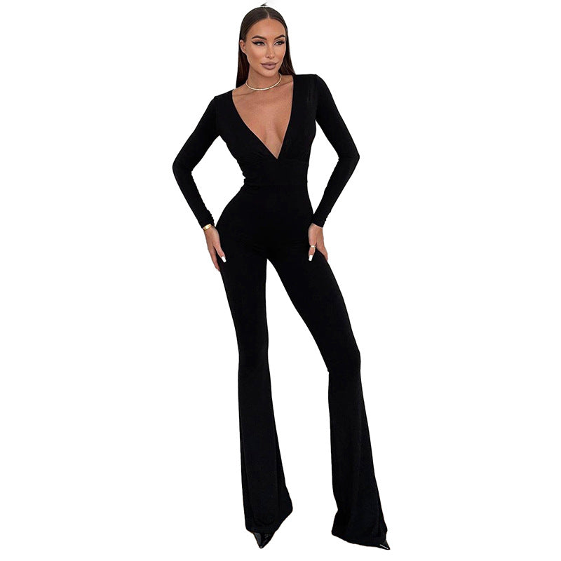 Damen Eleganter Figurbetonter Jumpsuit mit tiefem V-Ausschnitt Sovae